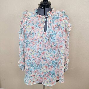 Terra & Sky Blue Orange Yellow Semi Sheer Blouse 1X (4881)